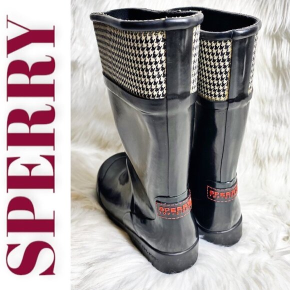 SPERRY TOPSIDER Black Houndstooth Pull On Rubber Rain Boot, Size 6M - Picture 2 of 11